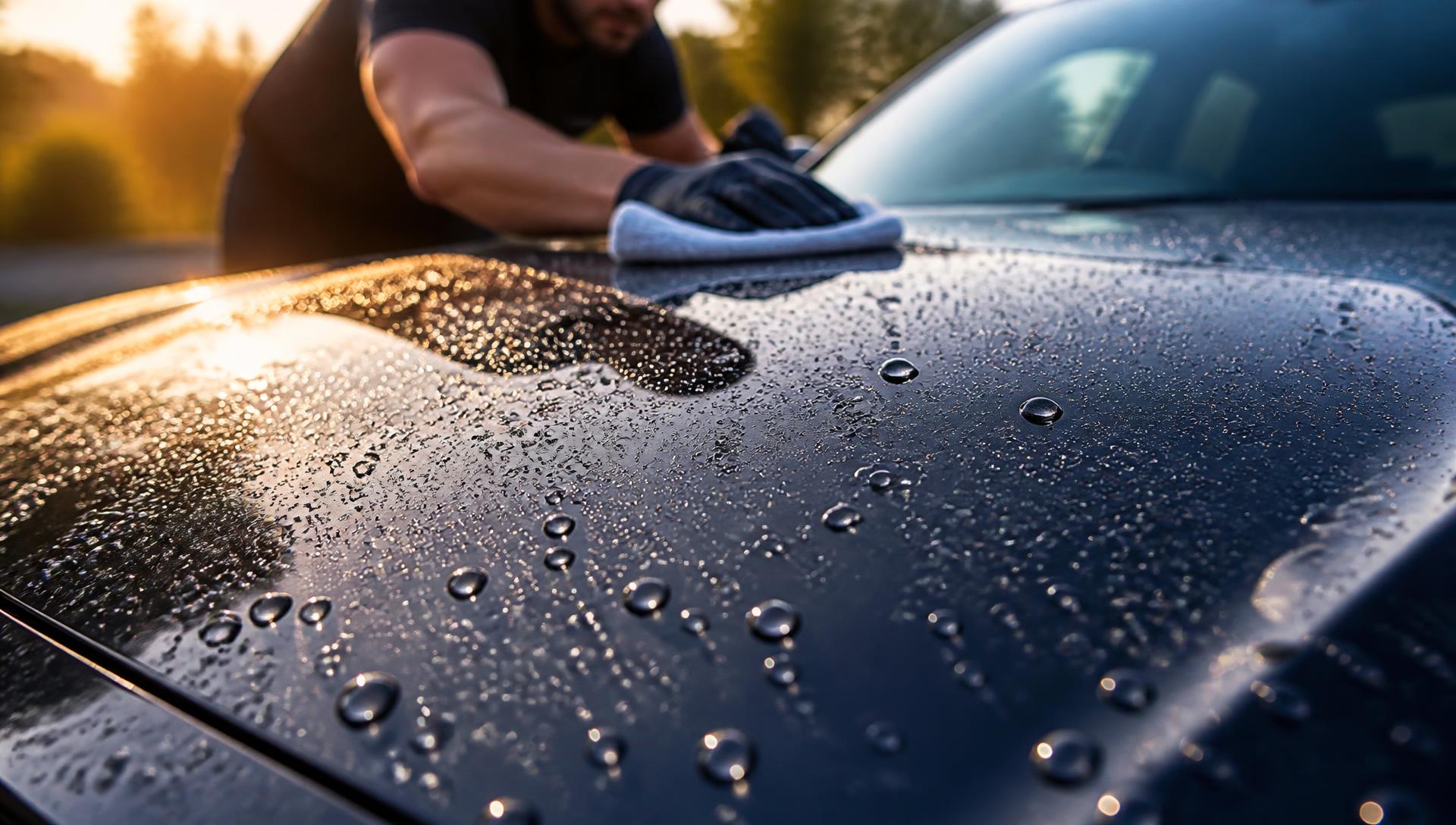 Detailer polishing a freshly waxed car with water beading at sunset